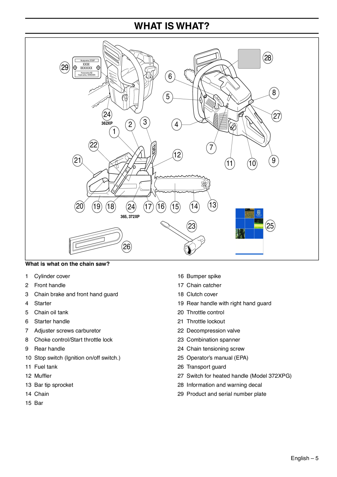 Husqvarna 1151437-95, 372XP EPA III manual What Is What?, What is what on the chain saw? 