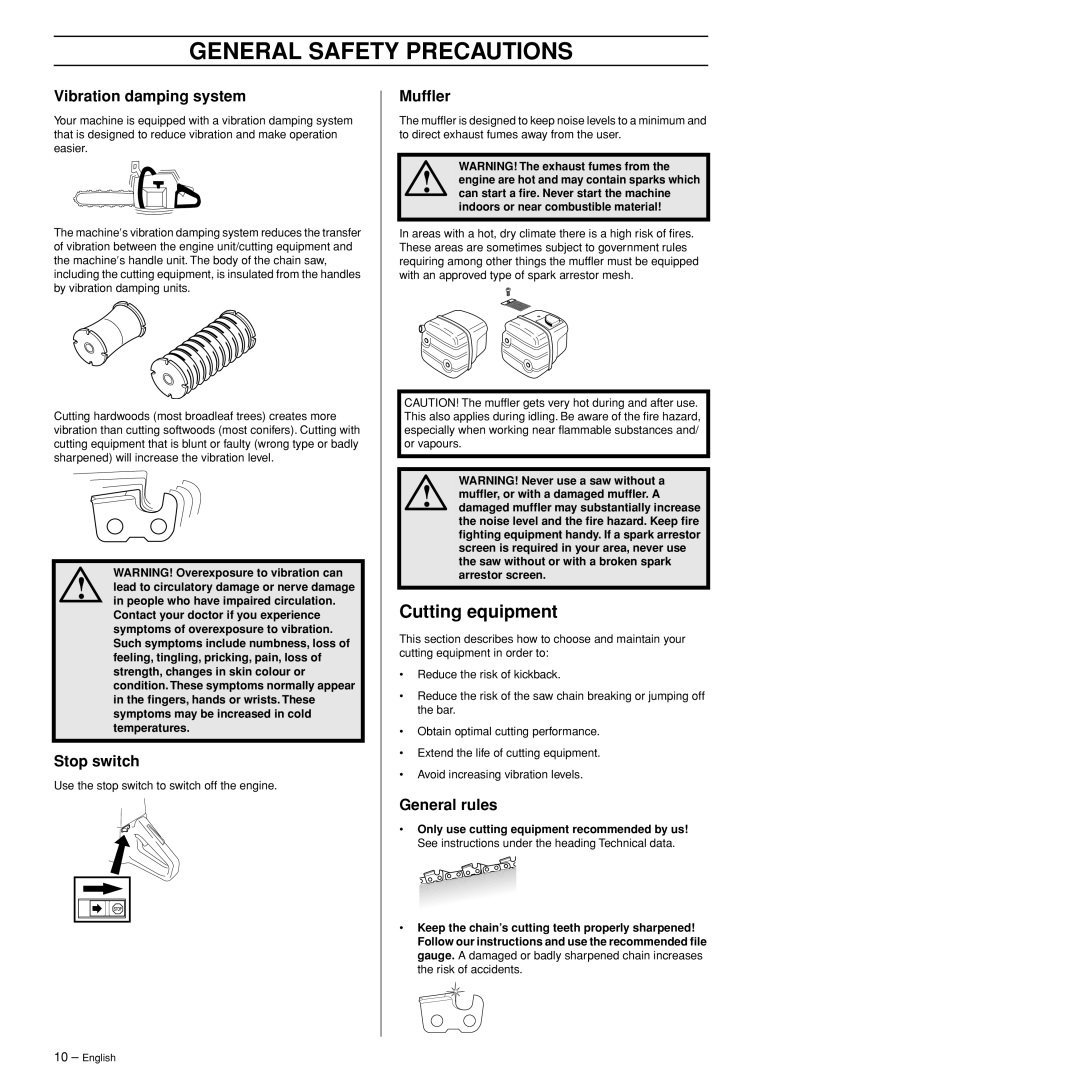 Husqvarna 372XPW manual Cutting equipment, Vibration damping system, Stop switch, Mufﬂer, General rules 