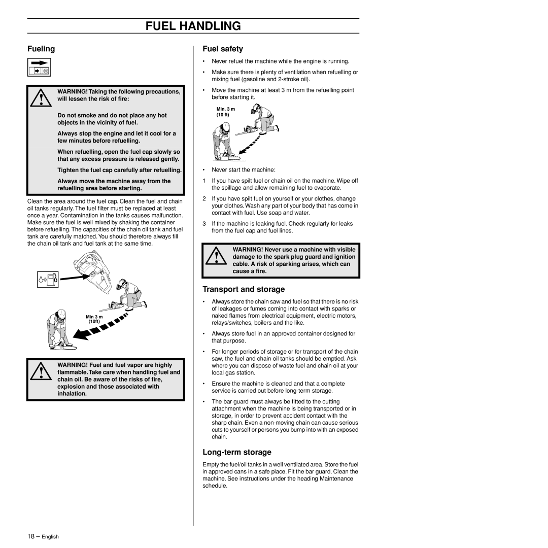 Husqvarna 372XPW manual Fueling, Fuel safety, Transport and storage, Long-term storage 