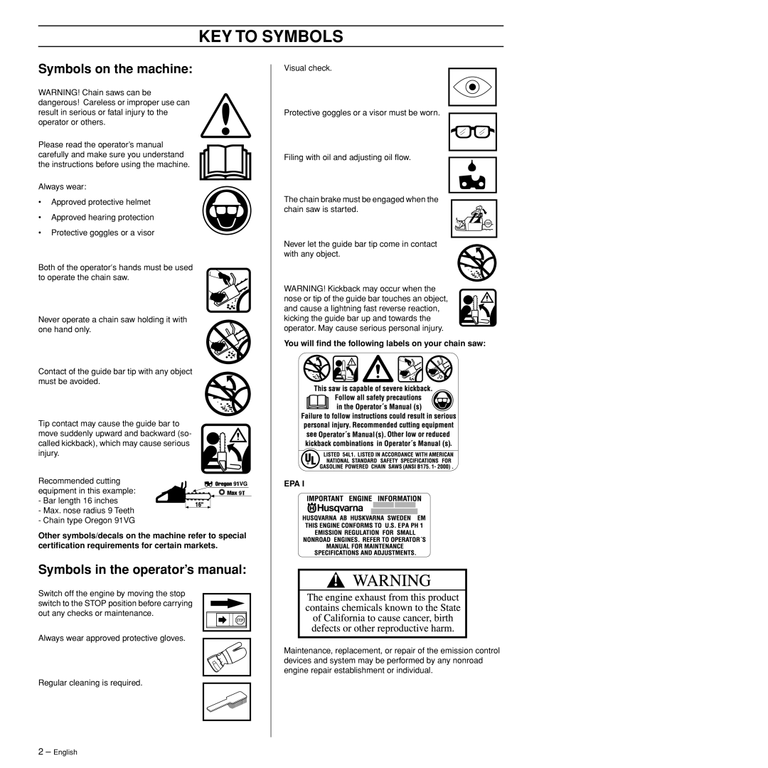 Husqvarna 372XPW KEY to Symbols, Symbols on the machine, Symbols in the operator’s manual 