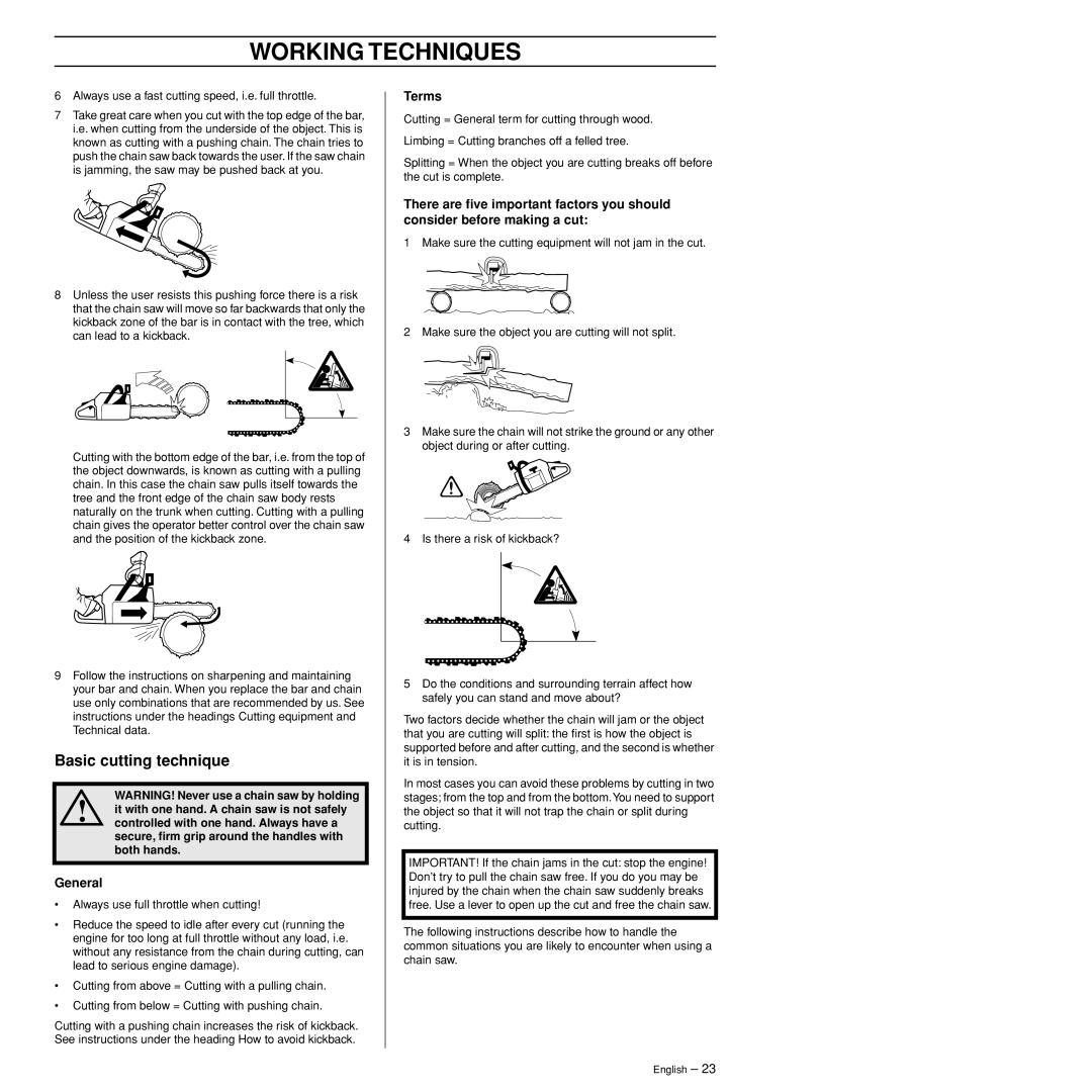 Husqvarna 372XPW manual Basic cutting technique, General, Terms 