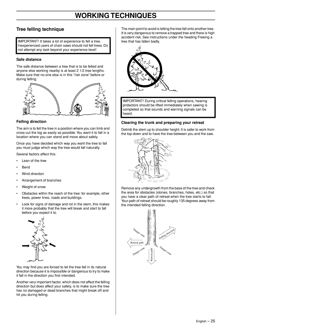 Husqvarna 372XPW Tree felling technique, Safe distance, Felling direction, Clearing the trunk and preparing your retreat 