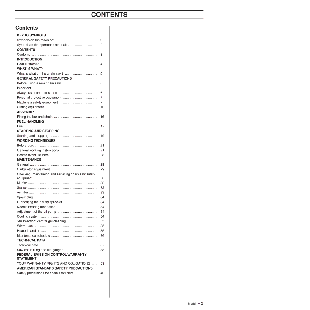 Husqvarna 372XPW manual Contents 