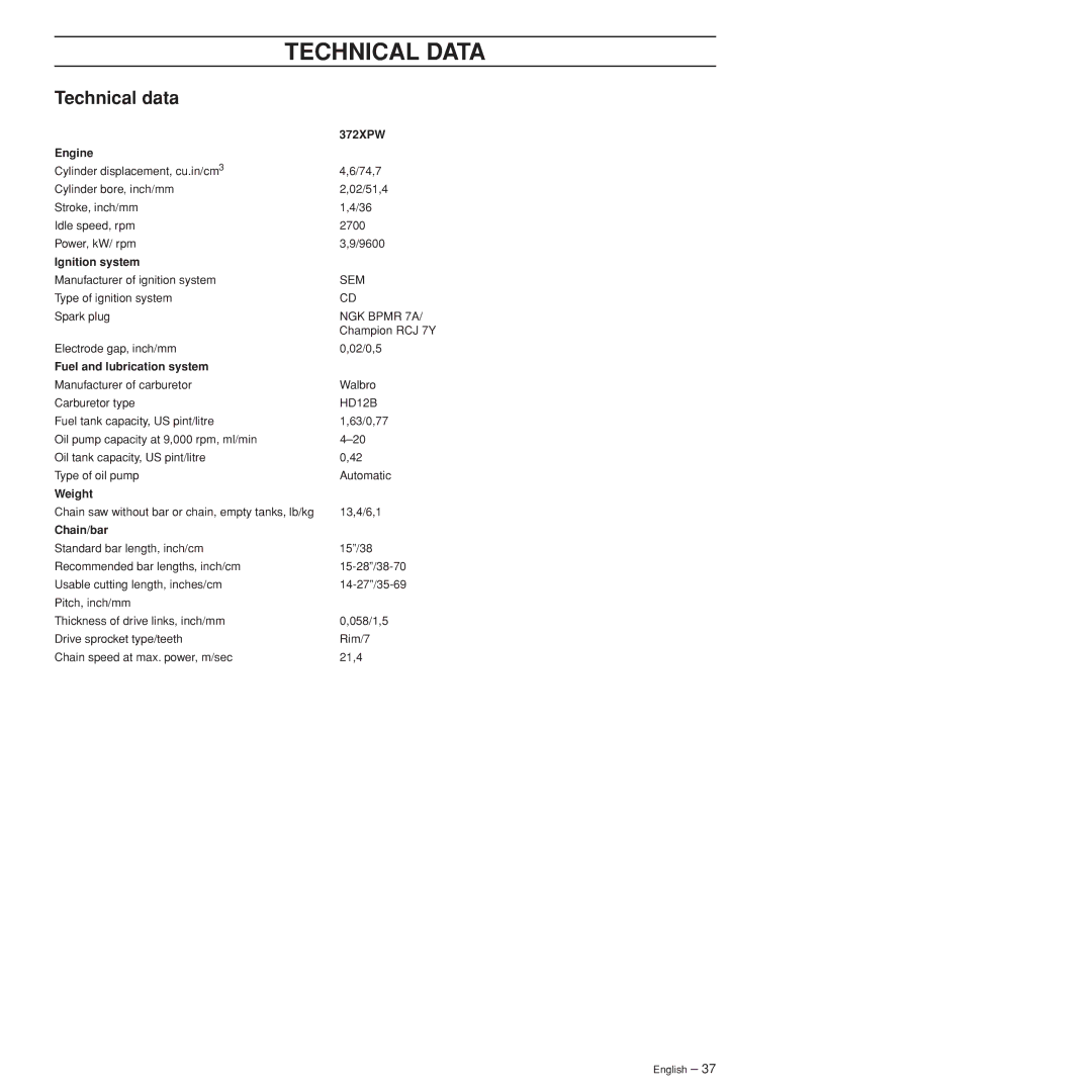 Husqvarna 372XPW manual Technical Data, Technical data 