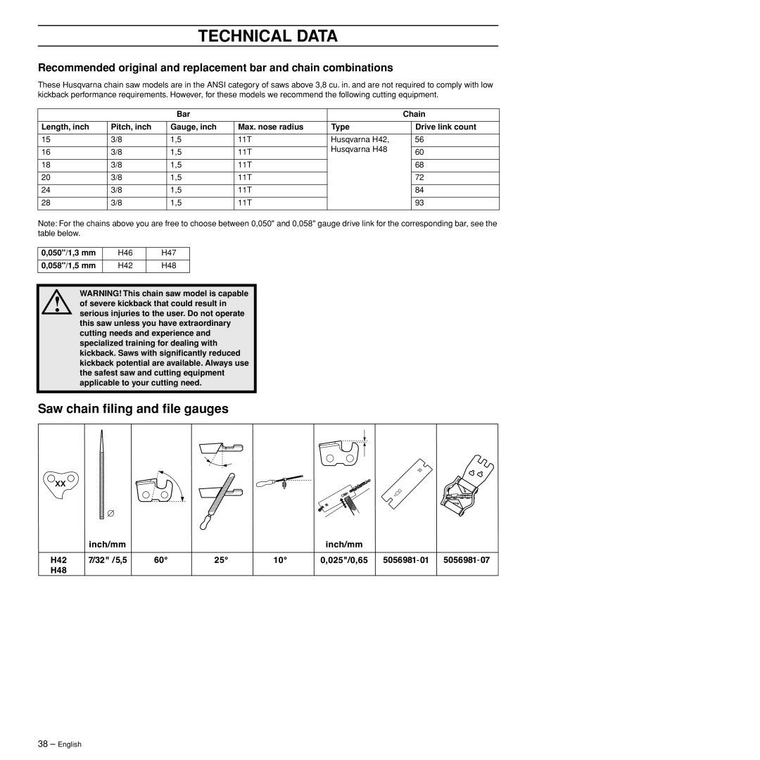 Husqvarna 372XPW manual Saw chain ﬁling and ﬁle gauges, 050/1,3 mm, 058/1,5 mm 