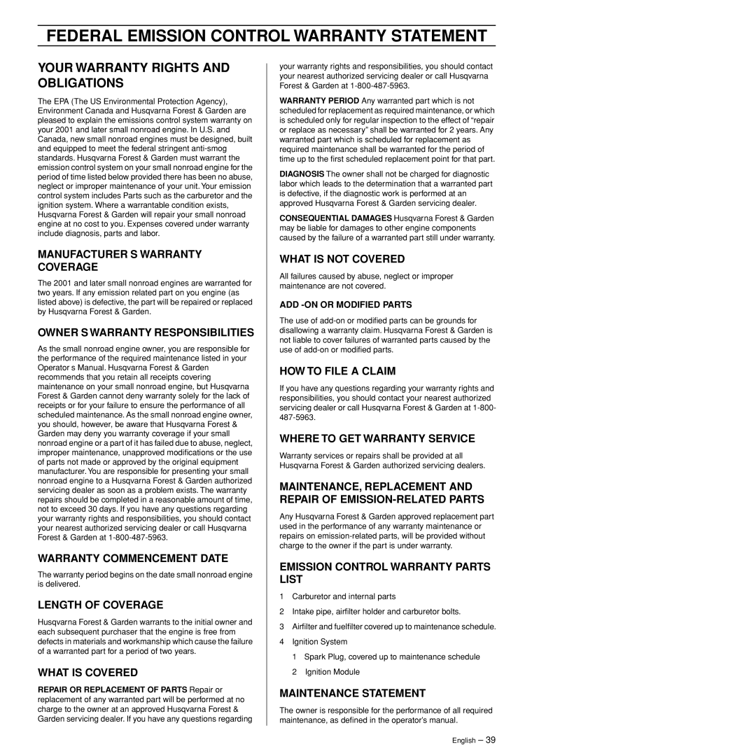 Husqvarna 372XPW manual Federal Emission Control Warranty Statement, Your Warranty Rights and Obligations 