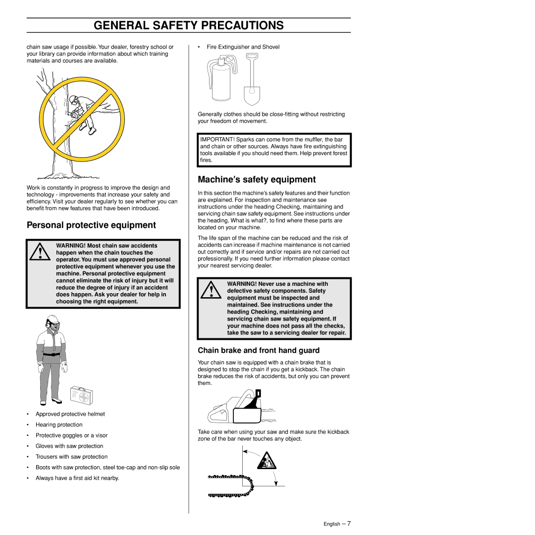 Husqvarna 372XPW manual Personal protective equipment, Machine′s safety equipment, Chain brake and front hand guard 