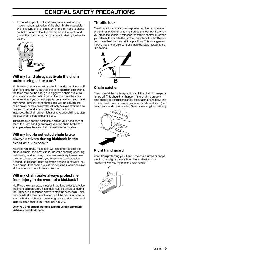 Husqvarna 372XPW manual Throttle lock, Chain catcher, Right hand guard 