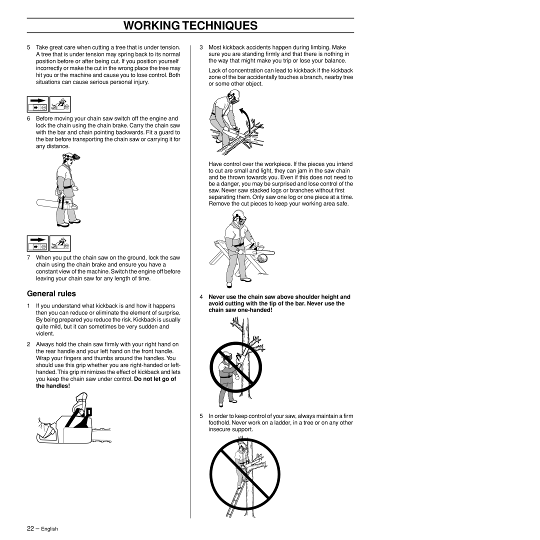 Husqvarna 372XPW manual Working Techniques, General rules, English 