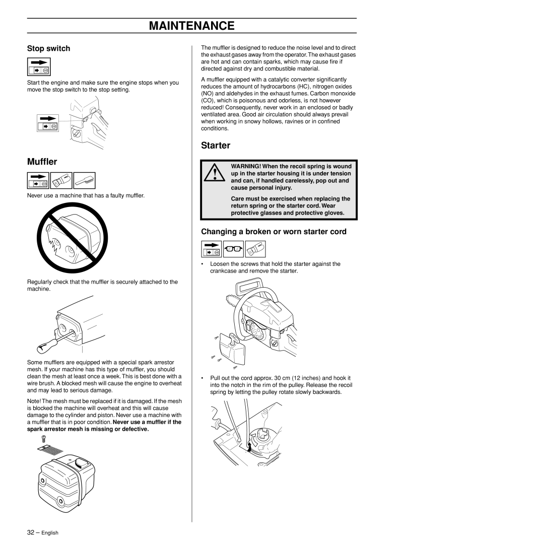 Husqvarna 372XPW manual Mufﬂer, Starter, Changing a broken or worn starter cord, Maintenance, Stop switch 
