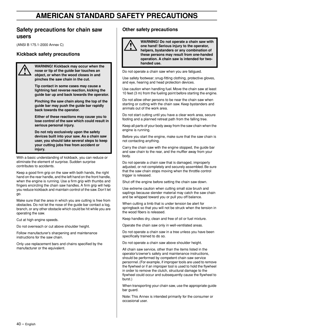 Husqvarna 372XPW American Standard Safety Precautions, Safety precautions for chain saw users, Kickback safety precautions 