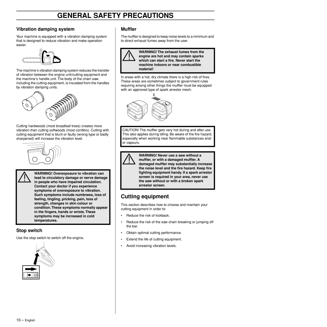 Husqvarna 385XP, 390XP manual Cutting equipment, Vibration damping system, Stop switch, Mufﬂer 