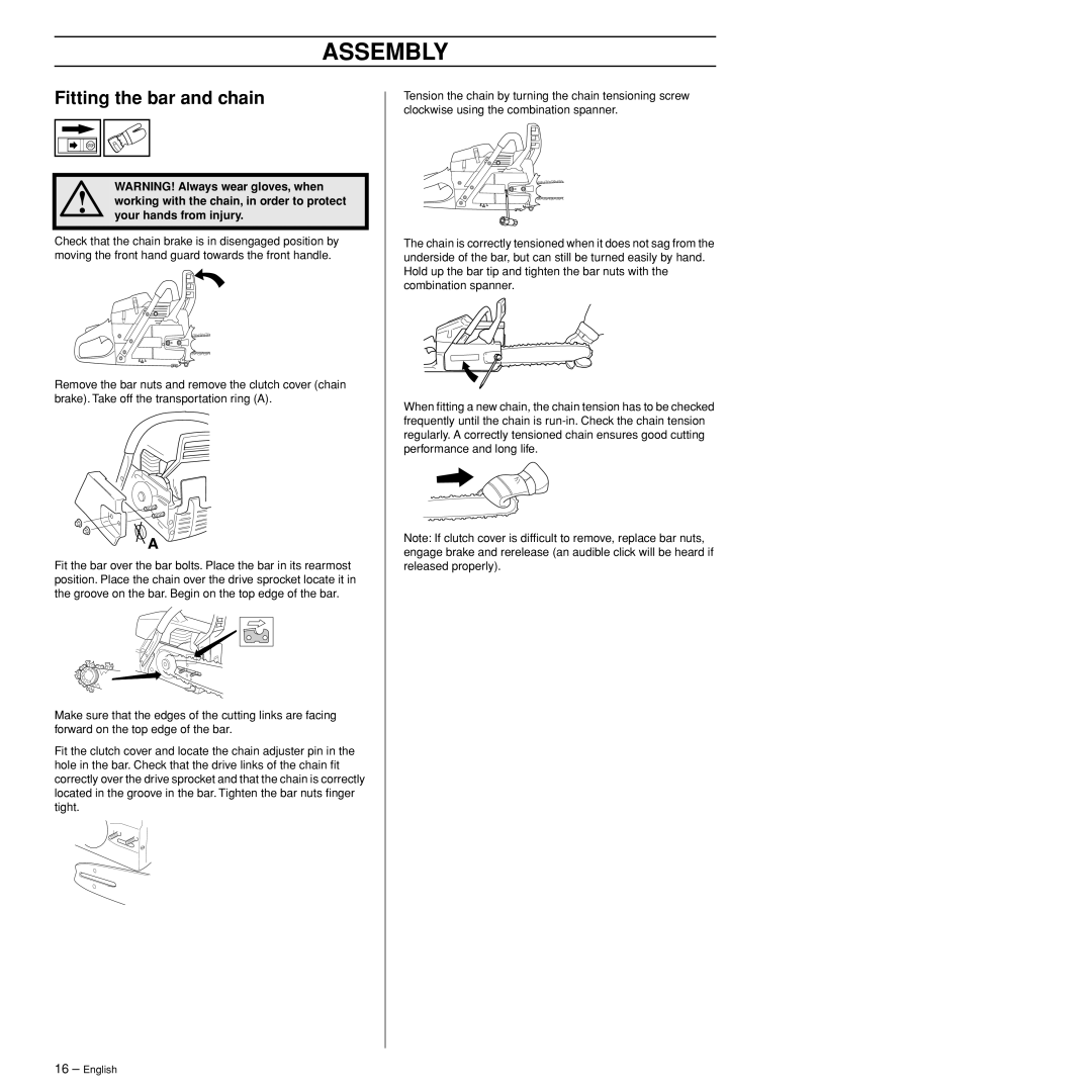 Husqvarna 385XP, 390XP manual Assembly, Fitting the bar and chain 