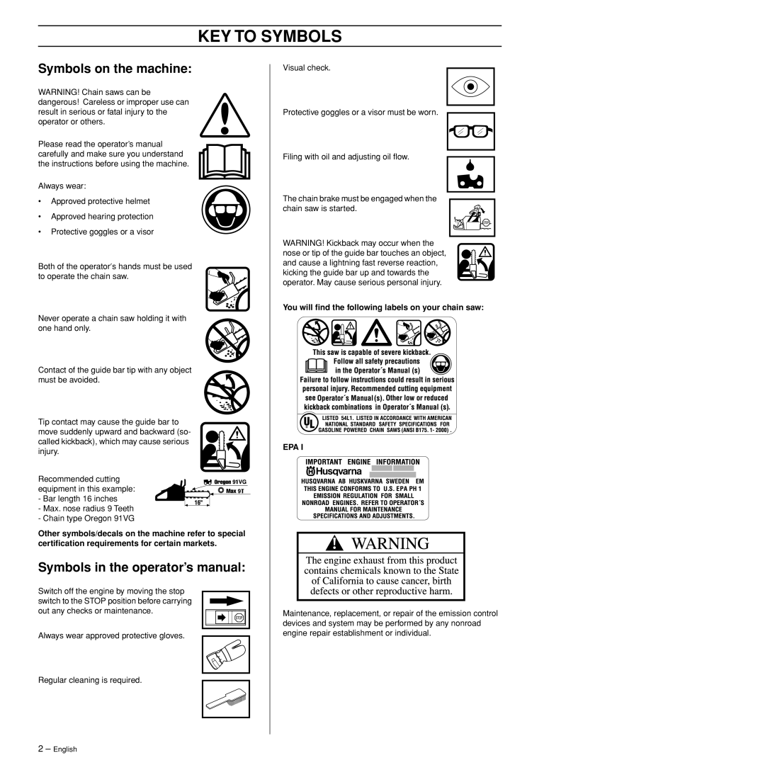 Husqvarna 385XP, 390XP KEY to Symbols, Symbols on the machine, Symbols in the operator’s manual 