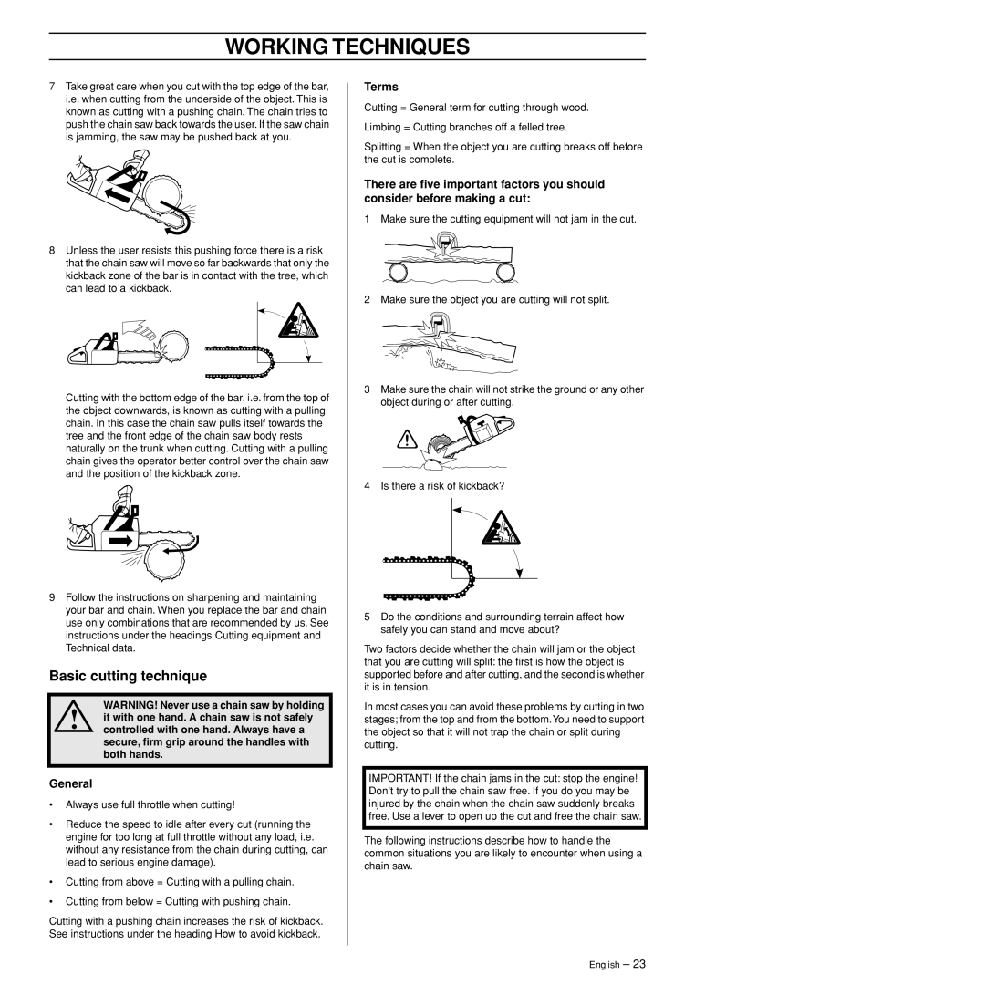 Husqvarna 385XP, 390XP manual Basic cutting technique, General, Terms 