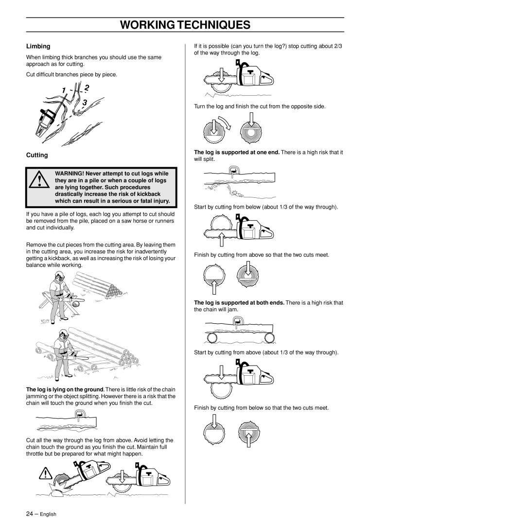 Husqvarna 385XP, 390XP manual Limbing, Cutting 