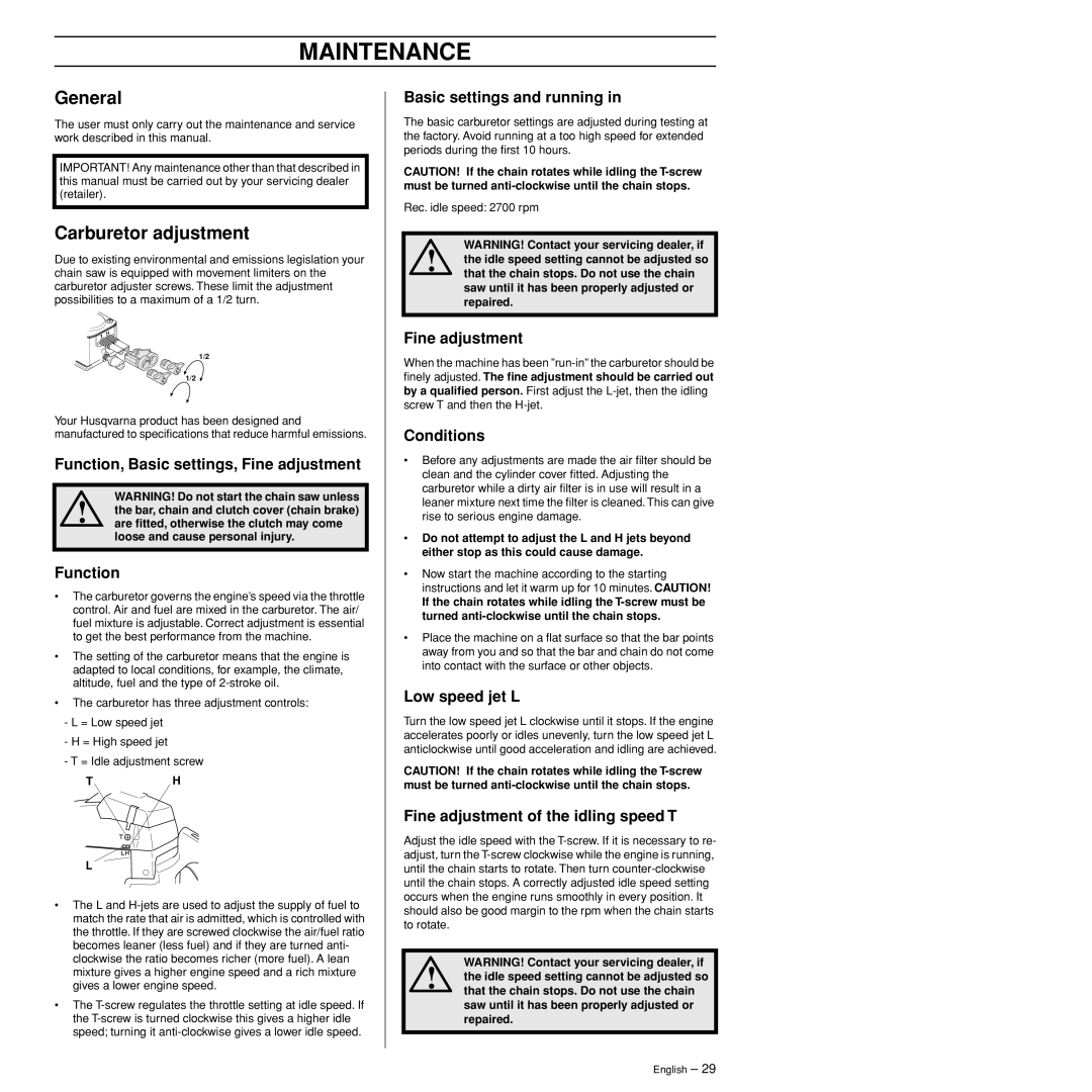 Husqvarna 385XP, 390XP manual Maintenance, General, Carburetor adjustment 