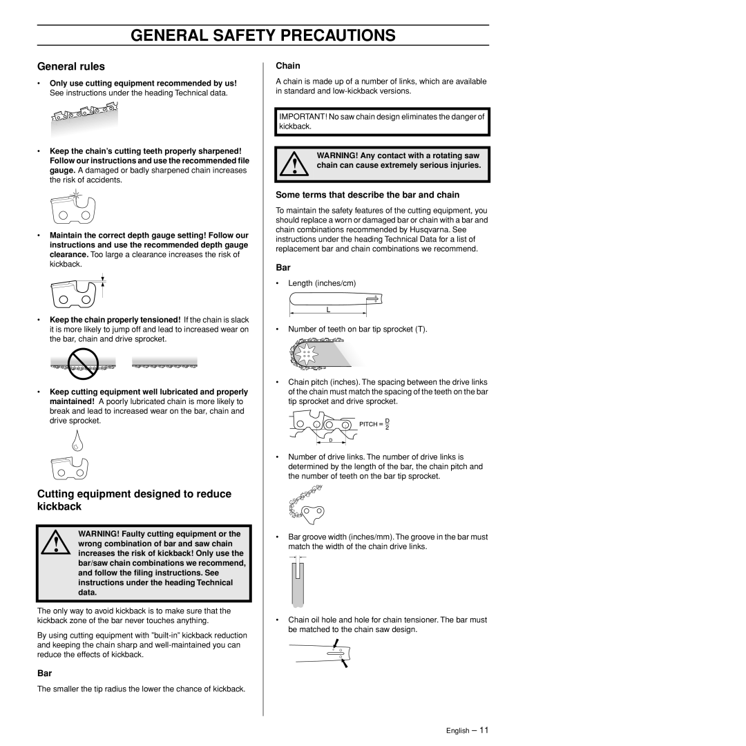 Husqvarna 385XP manual General rules, Cutting equipment designed to reduce kickback, Bar, Chain 