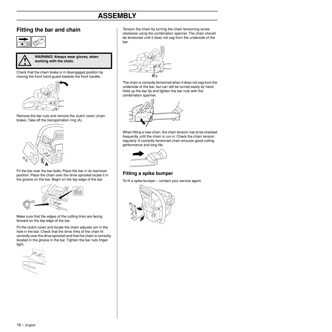 Husqvarna 385XP manual Assembly, Fitting the bar and chain, Fitting a spike bumper, Working with the chain 