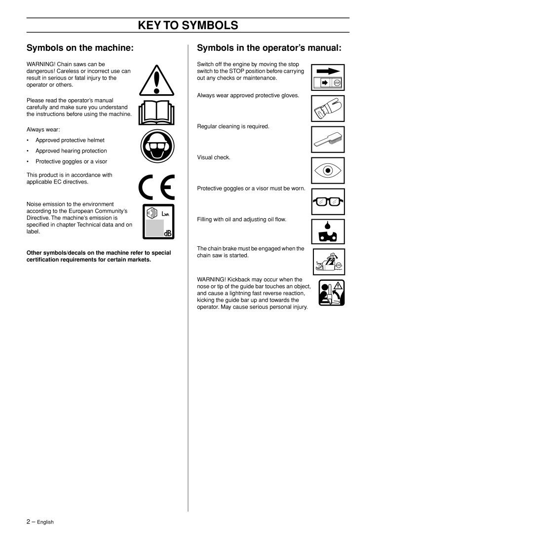 Husqvarna 385XP KEY to Symbols, Symbols on the machine, Symbols in the operator’s manual 