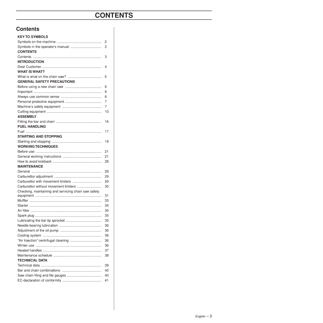 Husqvarna 385XP manual Contents 