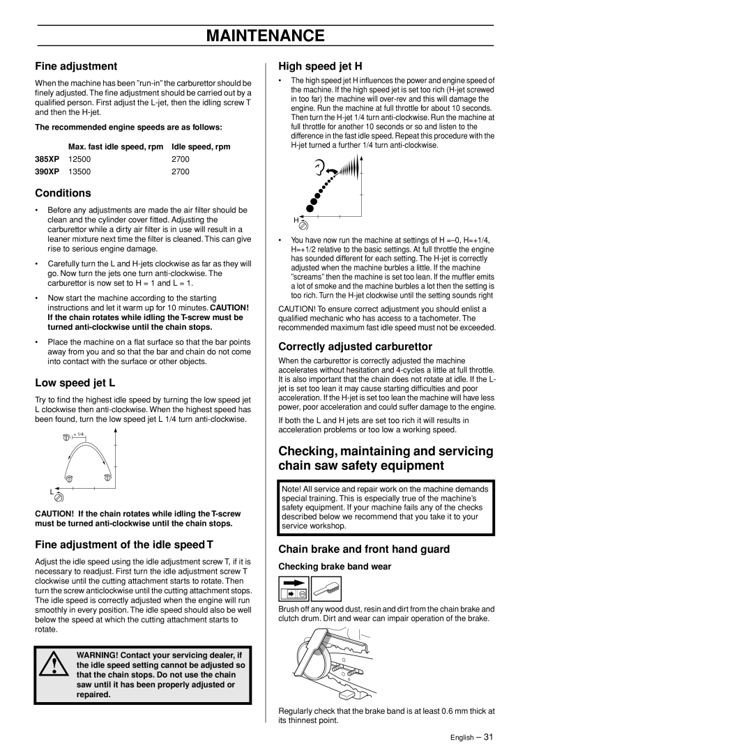 Husqvarna 385XP manual Chain brake and front hand guard, Checking brake band wear 