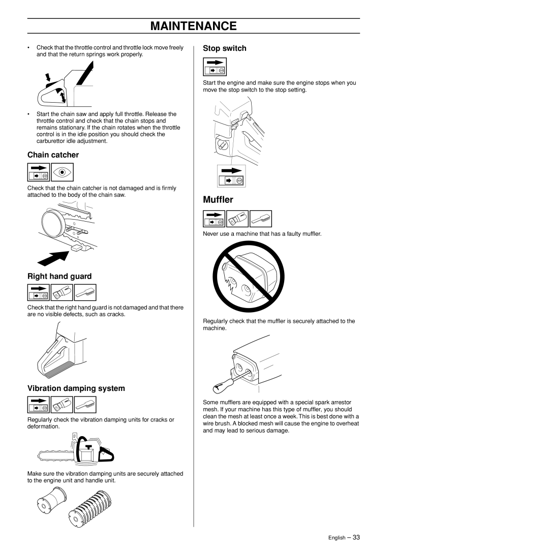 Husqvarna 385XP manual Mufﬂer, Chain catcher 