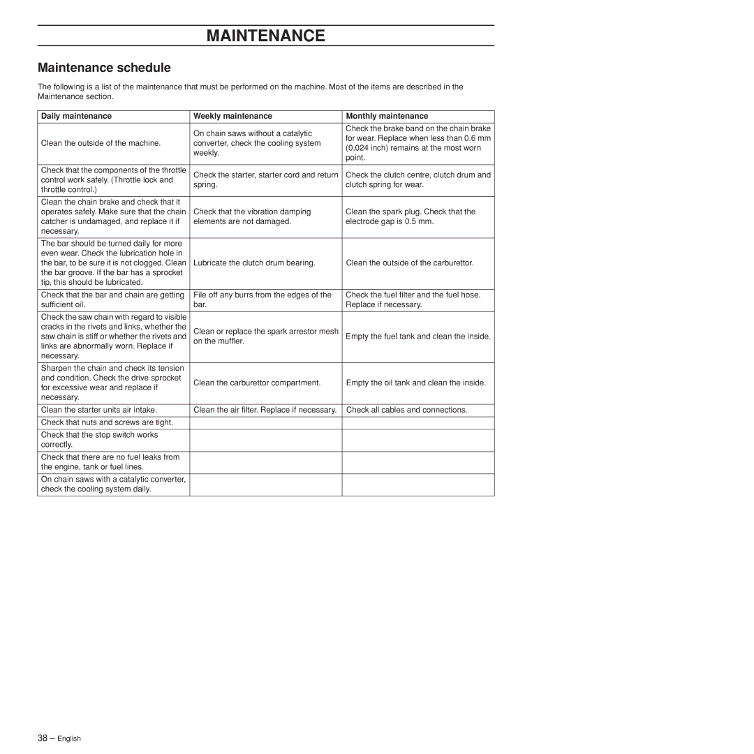 Husqvarna 385XP manual Maintenance schedule, Daily maintenance Weekly maintenance Monthly maintenance 