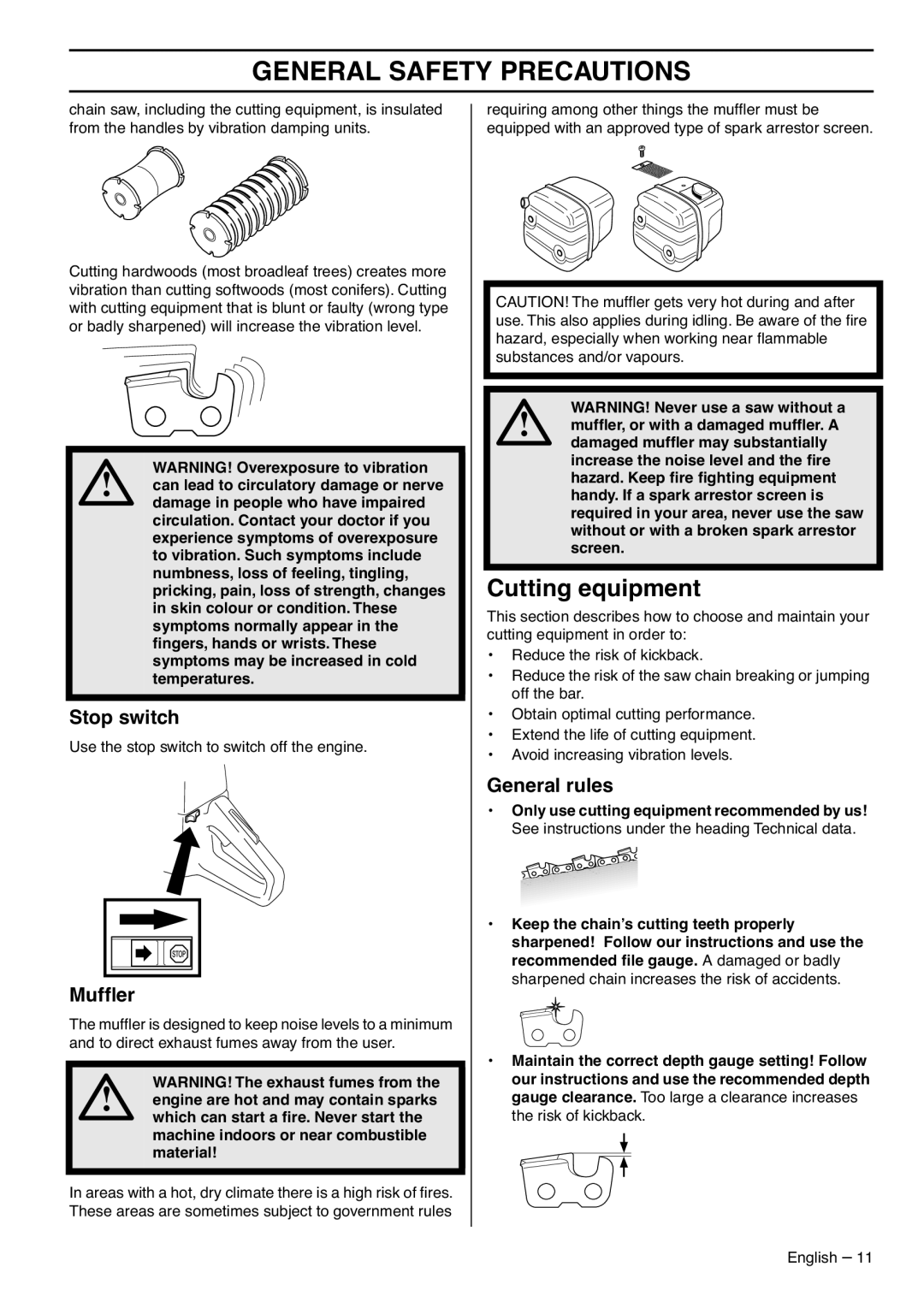 Husqvarna 1153176-95, 385XPG, 390XPG manual Cutting equipment, Stop switch, Mufﬂer, General rules 