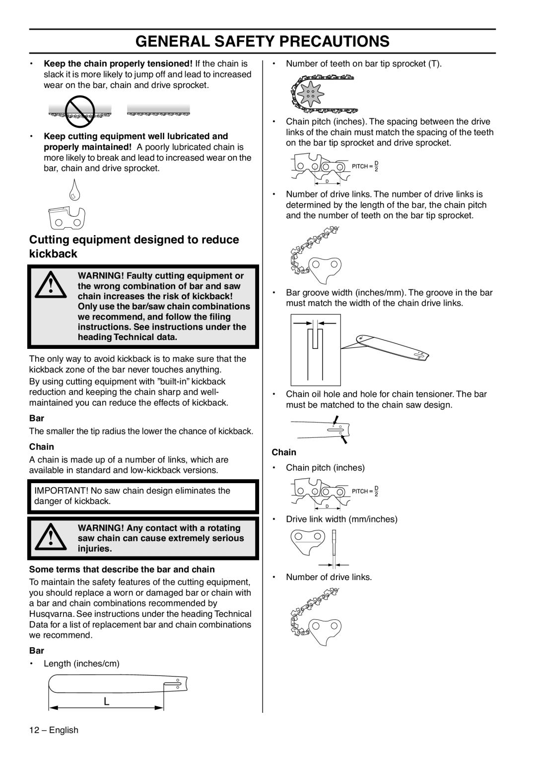 Husqvarna 385XPG, 390XPG, 1153176-95 manual Cutting equipment designed to reduce kickback, Bar, Chain 