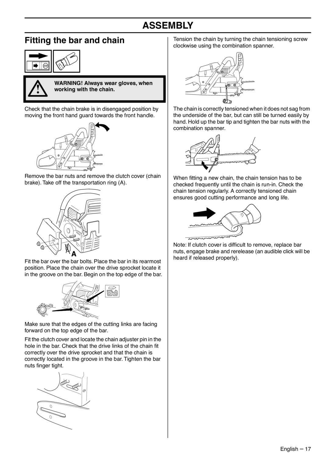 Husqvarna 1153176-95, 385XPG, 390XPG manual Assembly, Fitting the bar and chain, Working with the chain 