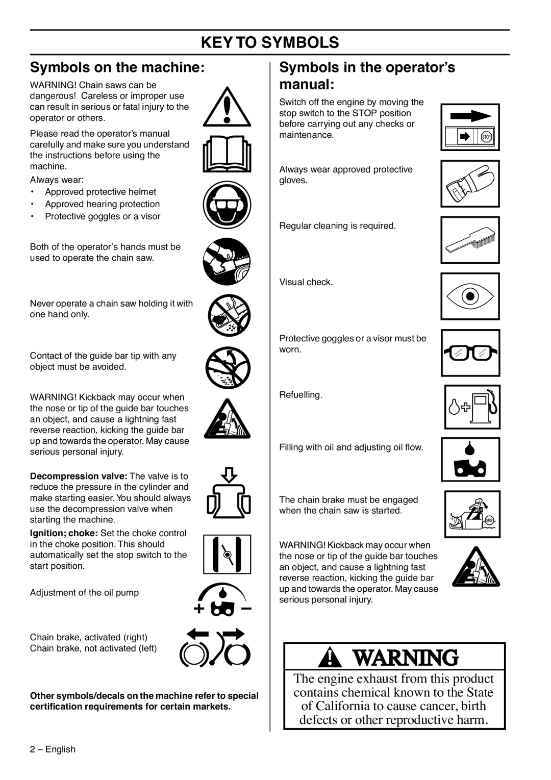 Husqvarna 1153176-95, 385XPG, 390XPG KEY to Symbols, Symbols on the machine, Symbols in the operator’s manual 