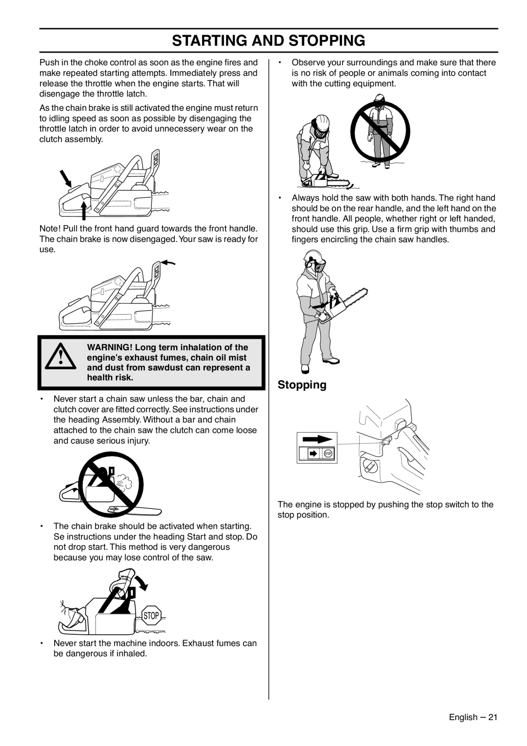 Husqvarna 385XPG, 390XPG, 1153176-95 manual Stopping 