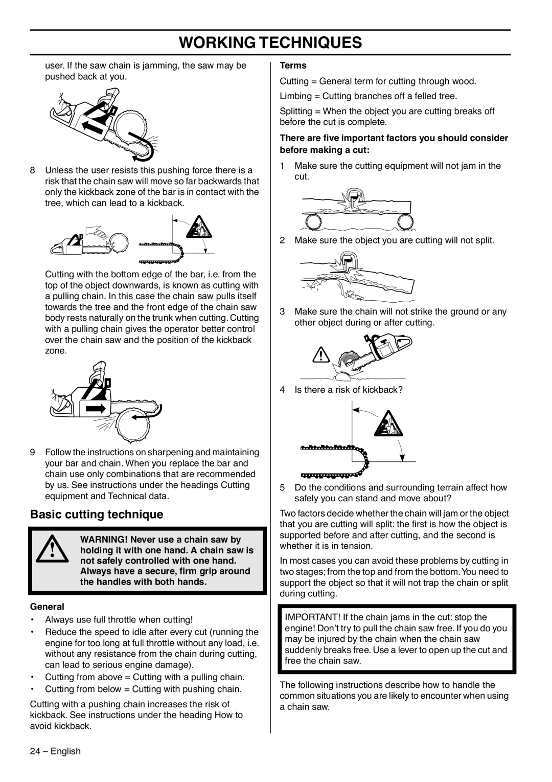 Husqvarna 385XPG, 390XPG, 1153176-95 manual Basic cutting technique, Terms 