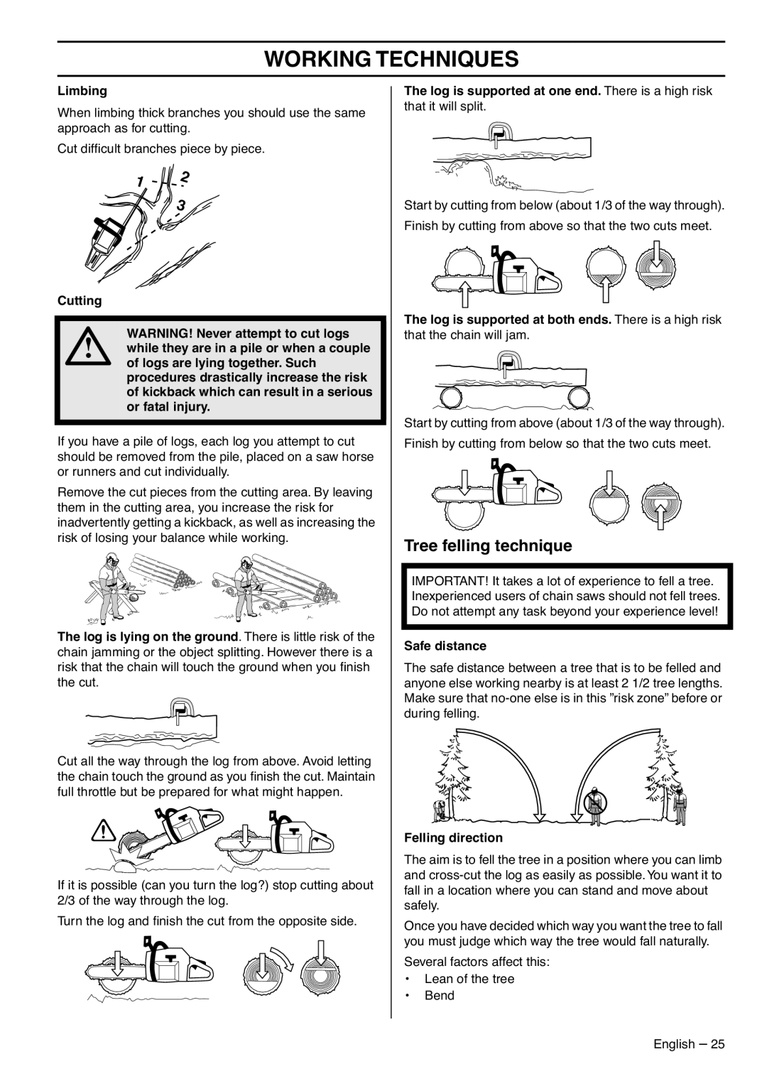 Husqvarna 390XPG, 385XPG, 1153176-95 manual Tree felling technique, Limbing, Safe distance, Felling direction 