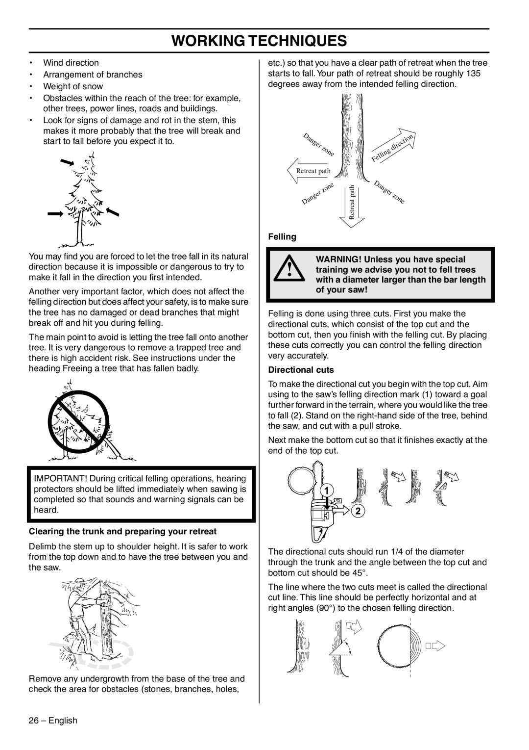 Husqvarna 1153176-95, 385XPG, 390XPG manual Clearing the trunk and preparing your retreat, Directional cuts 