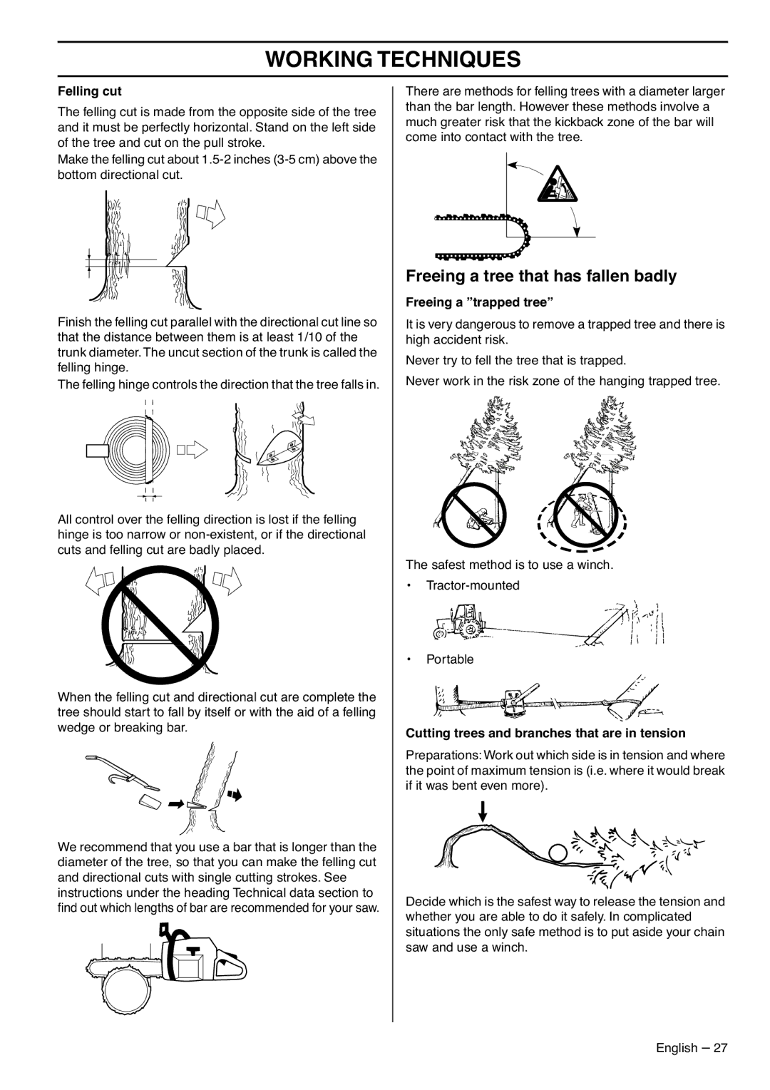 Husqvarna 385XPG, 390XPG, 1153176-95 manual Freeing a tree that has fallen badly, Felling cut, Freeing a trapped tree 