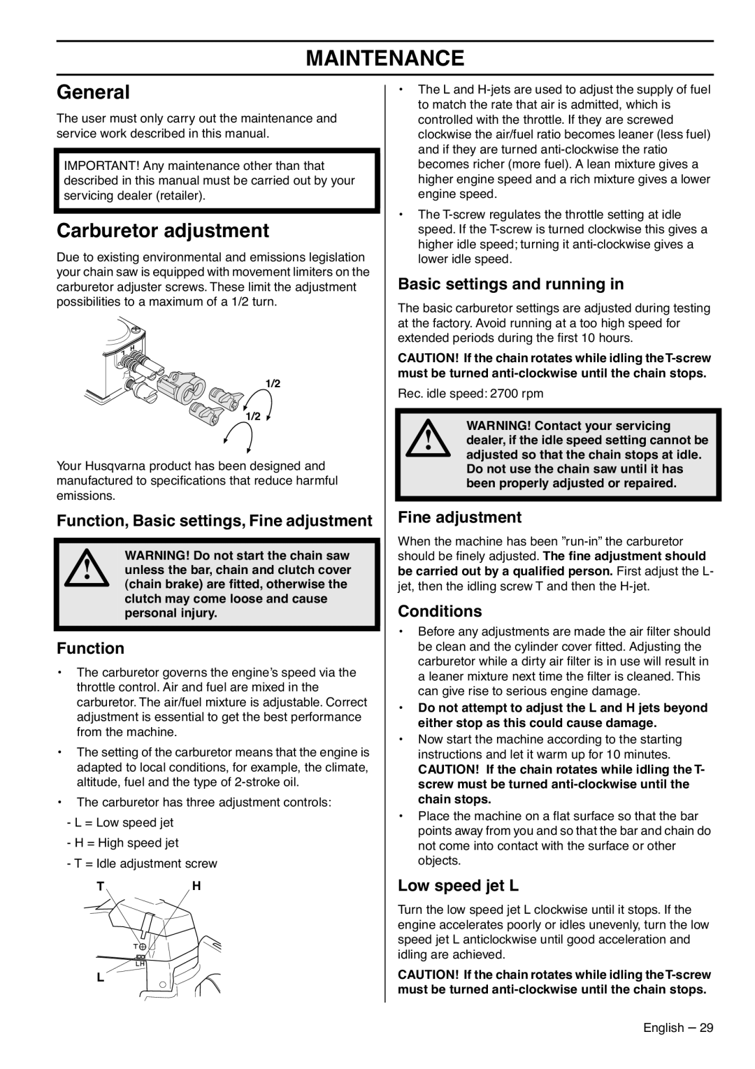 Husqvarna 1153176-95, 385XPG, 390XPG manual Maintenance, General, Carburetor adjustment 