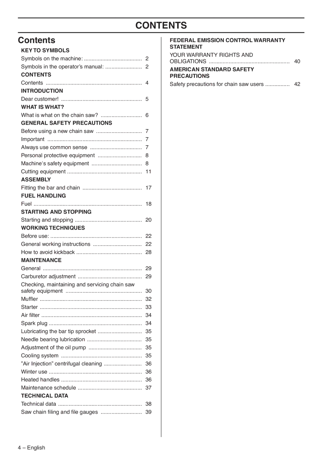 Husqvarna 390XPG, 385XPG, 1153176-95 manual Contents 