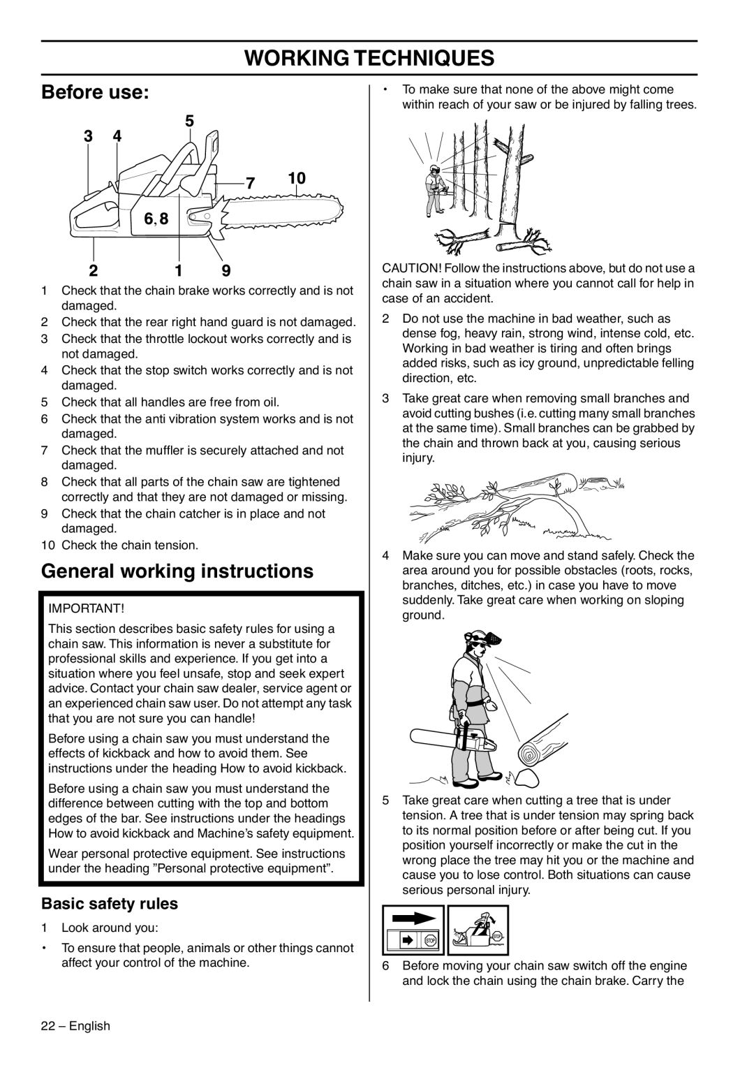 Husqvarna 390XPG, 385XPG, 1153176-95 manual Working Techniques, Before use, General working instructions, Basic safety rules 