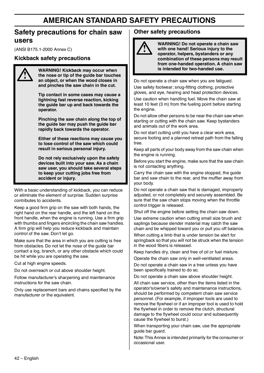 Husqvarna 385XPG American Standard Safety Precautions, Safety precautions for chain saw users, Kickback safety precautions 