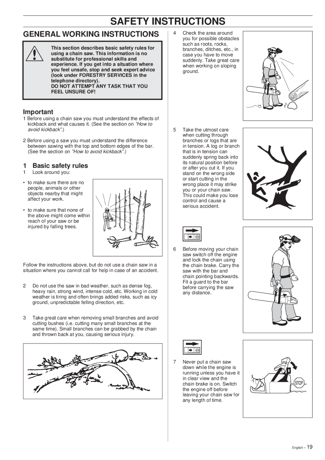 Husqvarna 394XP manual General Working Instructions, Basic safety rules 