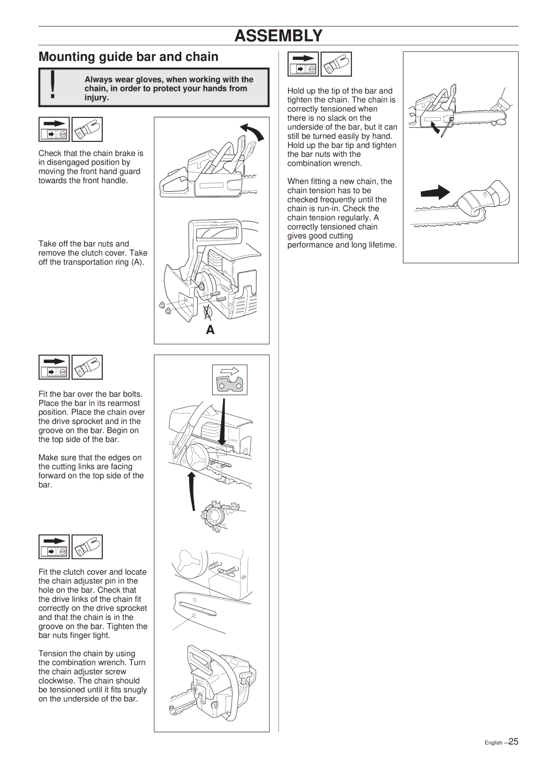 Husqvarna 394XP manual Assembly, Mounting guide bar and chain 