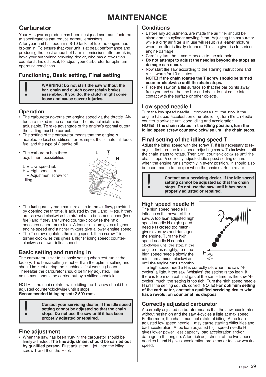 Husqvarna 394XP manual Maintenance, Carburetor 