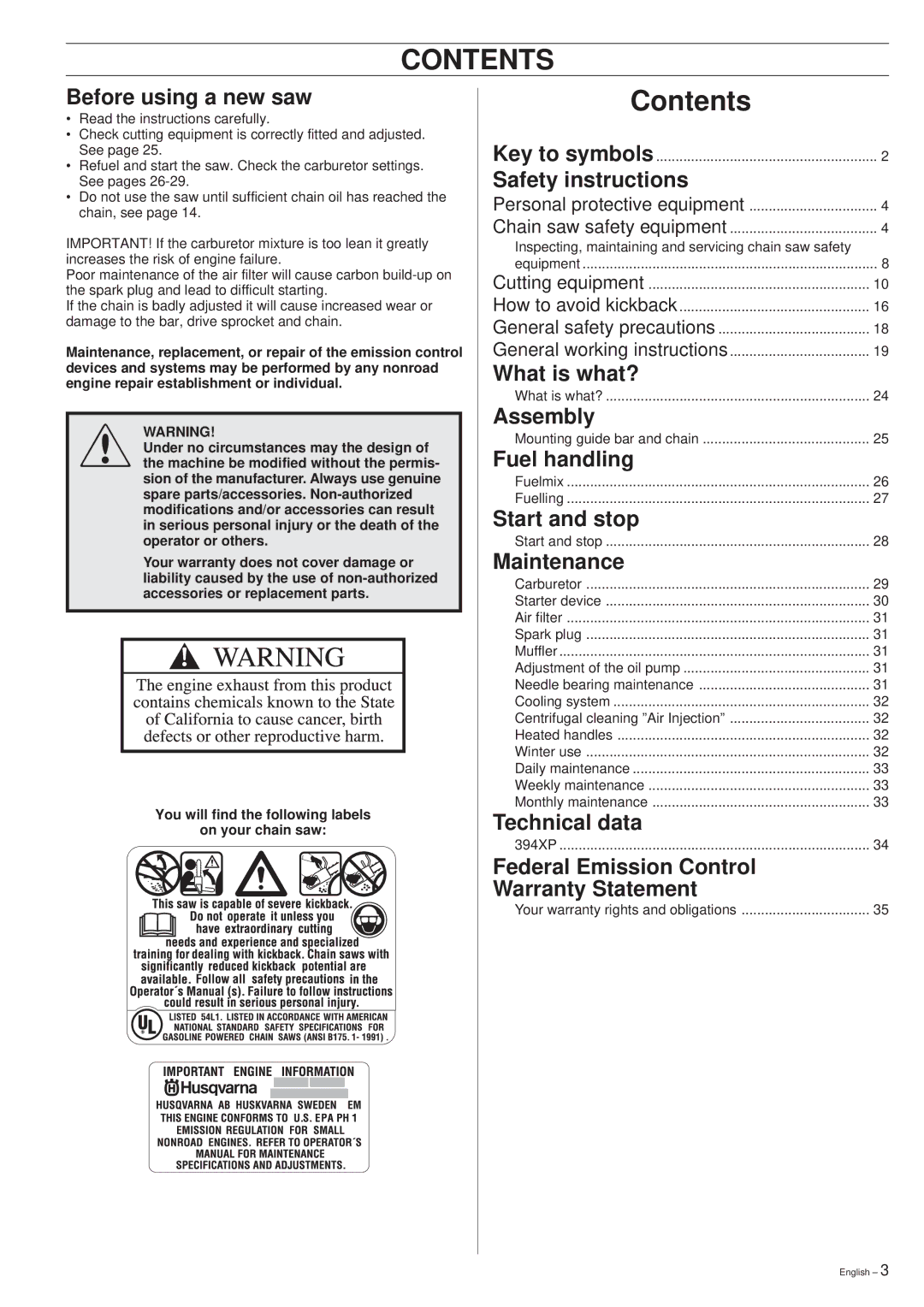 Husqvarna 394XP manual Contents 