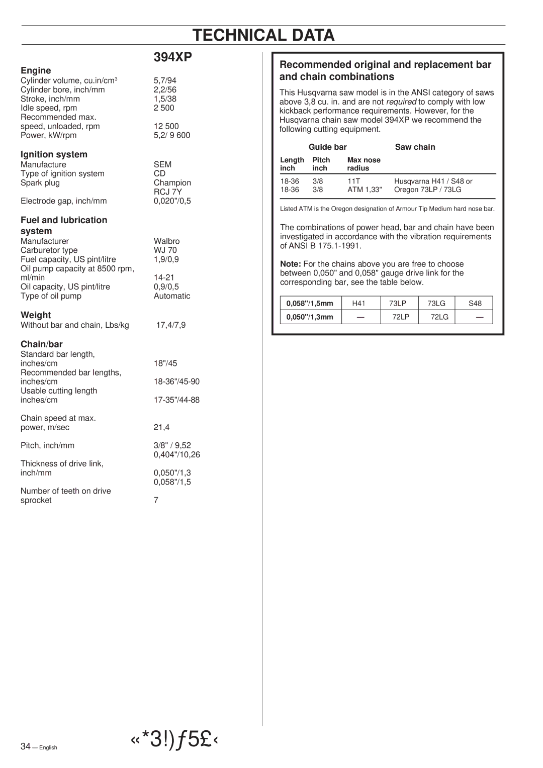 Husqvarna 394XP manual Technical Data 