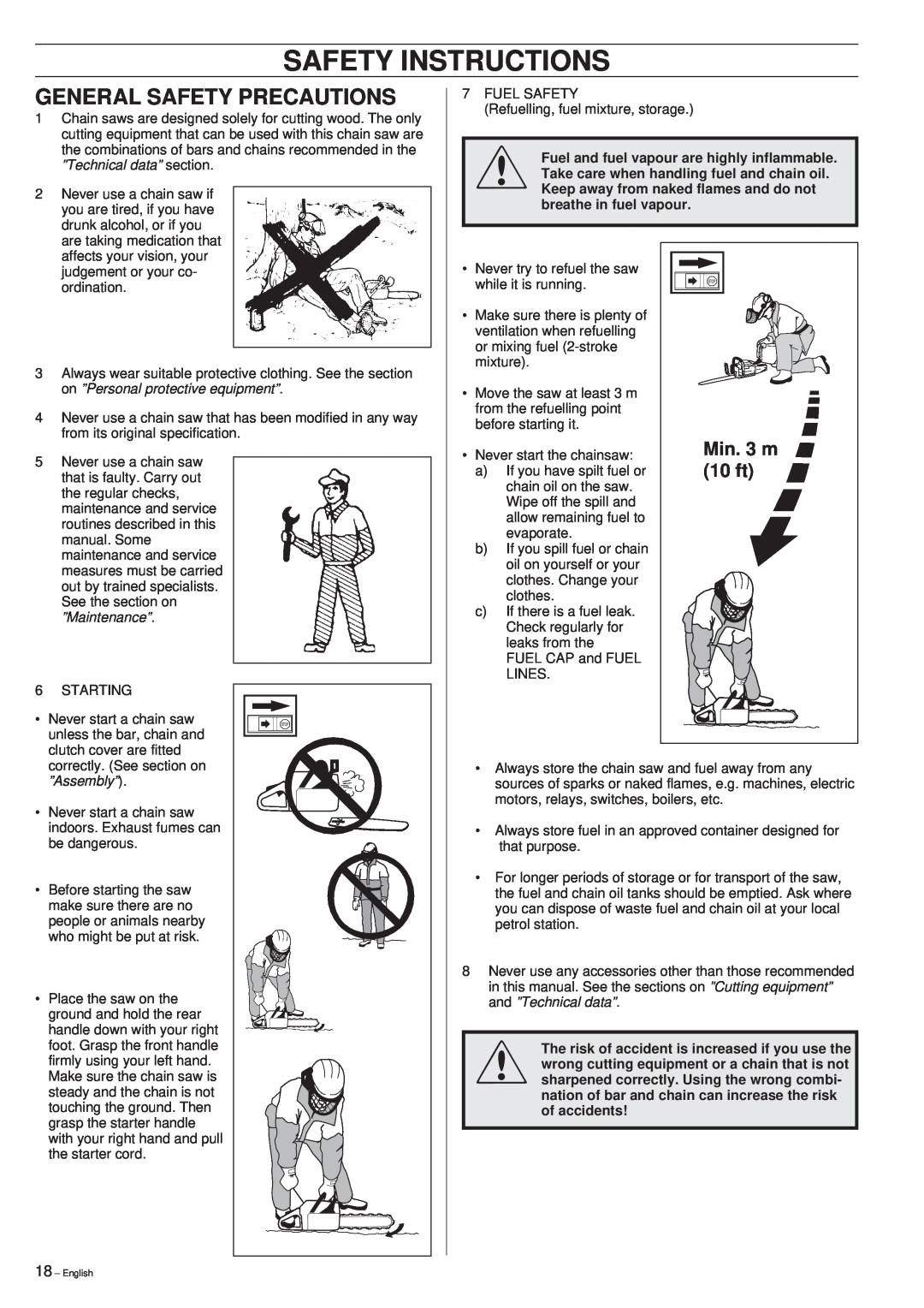 Husqvarna 394XP manual Safety Instructions, Min. 3 m, 10 ft, ”Technical data” section, on ”Personal protective equipment” 
