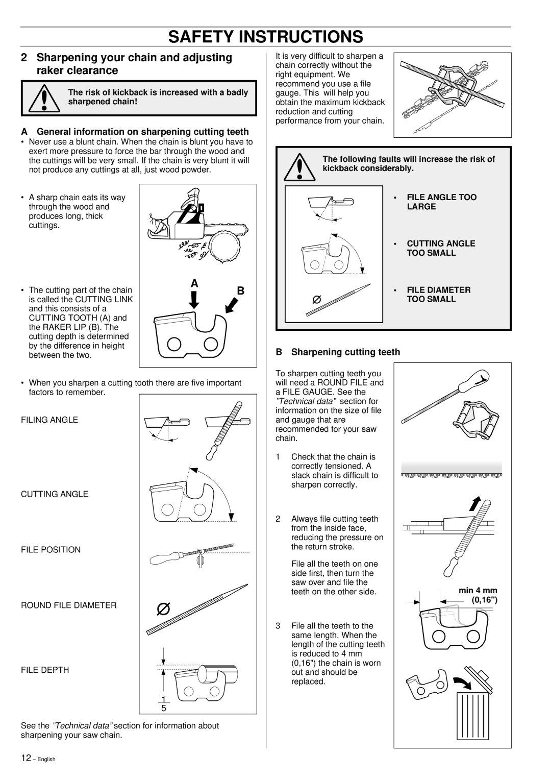 Husqvarna 395XP manual Sharpening your chain and adjusting raker clearance, General information on sharpening cutting teeth 