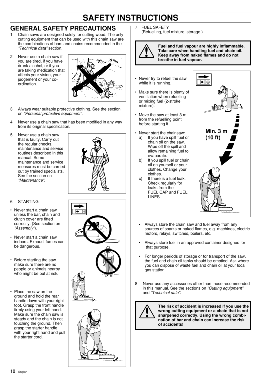 Husqvarna 395XP manual General Safety Precautions, Min m, 10 ft 