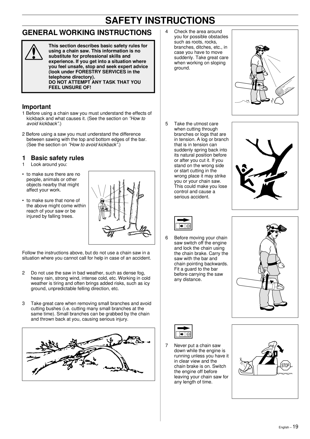 Husqvarna 395XP manual General Working Instructions, Basic safety rules 